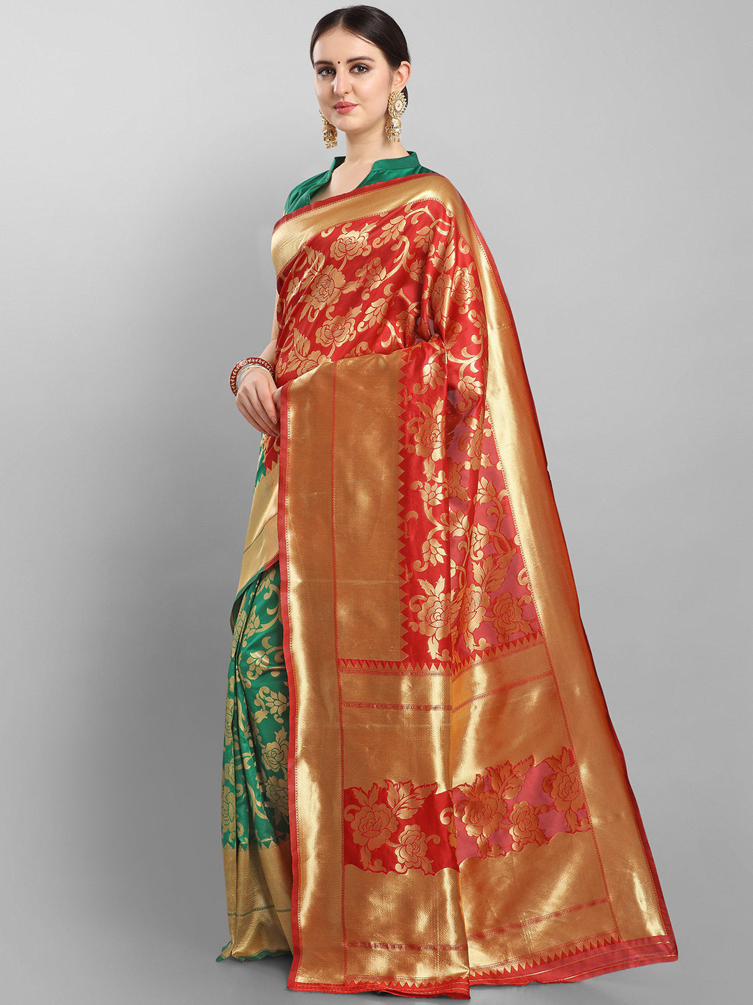 Kalini Red & Green Floral Zari Silk Blend Banarasi Saree - Distacart