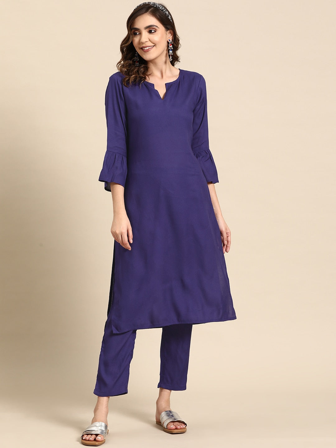 Sangria Bell Sleeves Solid Straight Kurta With Trousers - Distacart