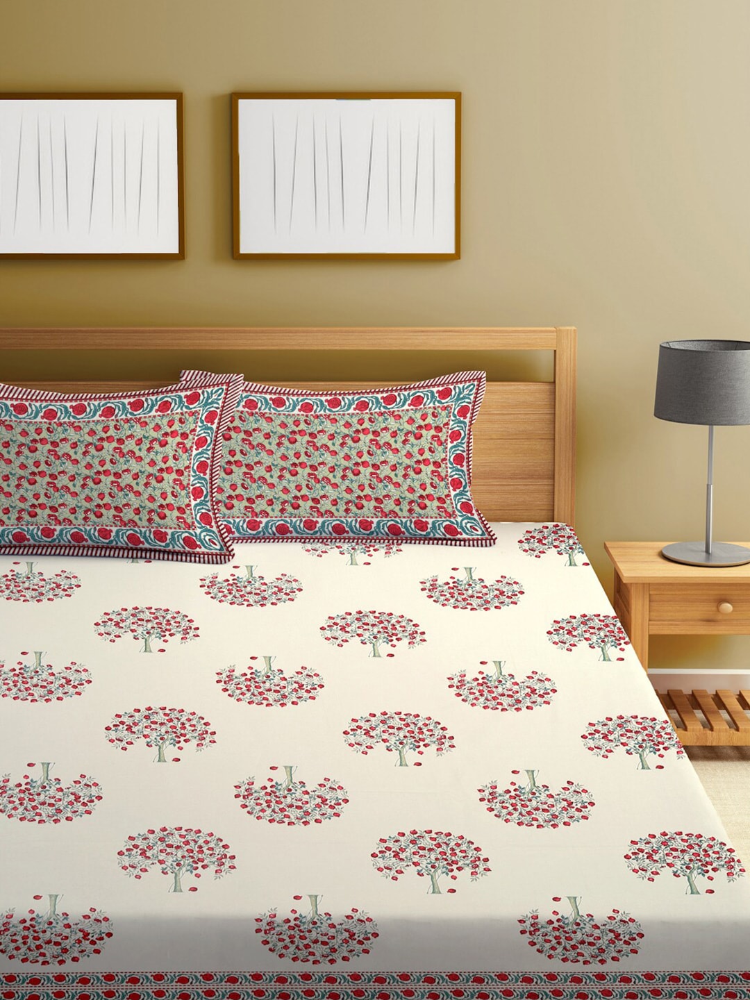 Rajasthan Decor Cream-Coloured Ethnic Motifs 144 TC Cotton King Bedsheet & 2 Pillow Covers - Distacart