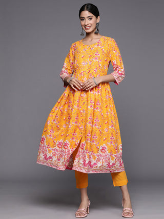 Biba Women Printed Gathered Waist A-Line Kurta with Solid Trousers - Distacart