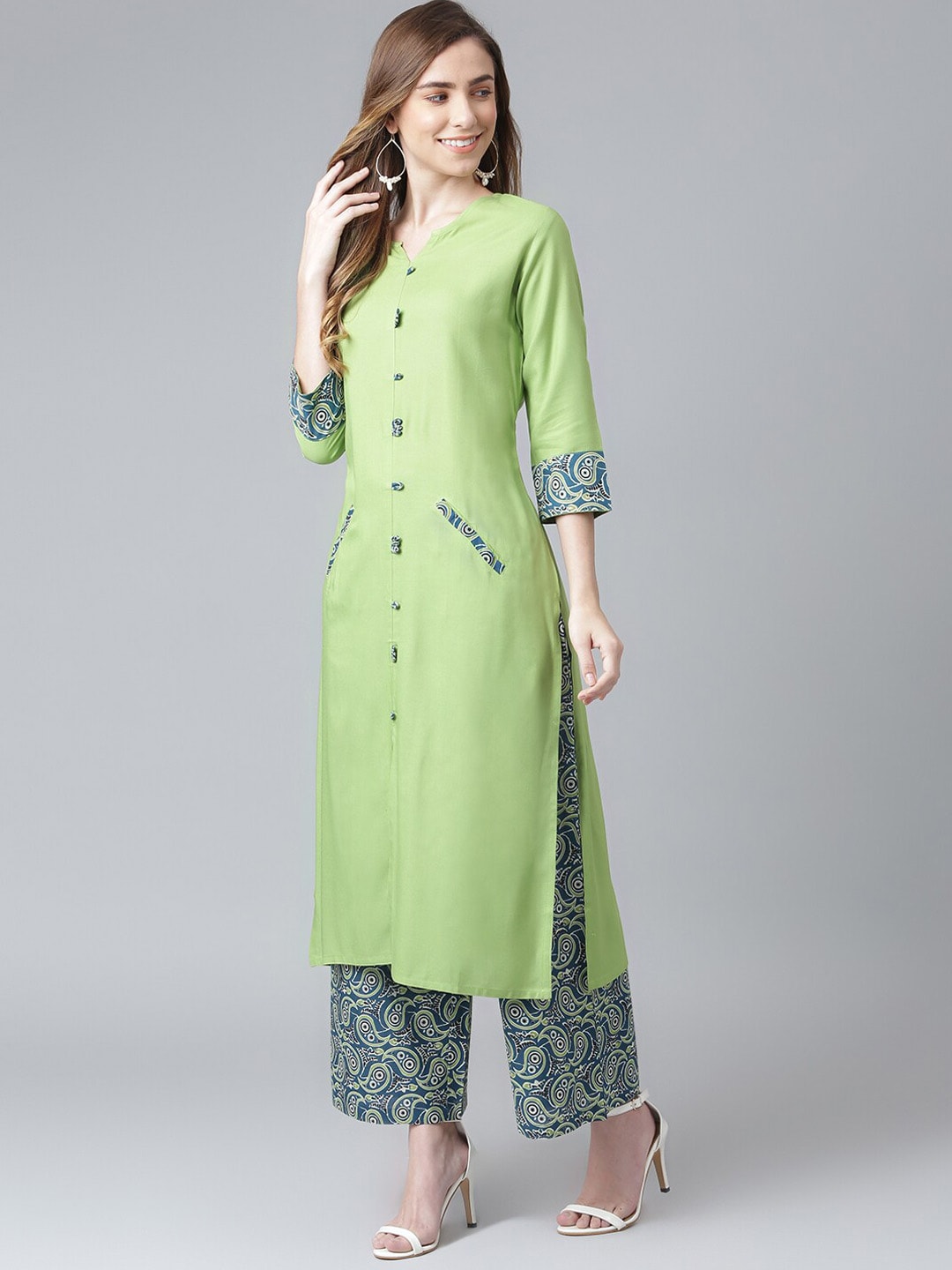 Khushal K Women Green Paisley Patchwork Kurta with Palazzos - Distacart
