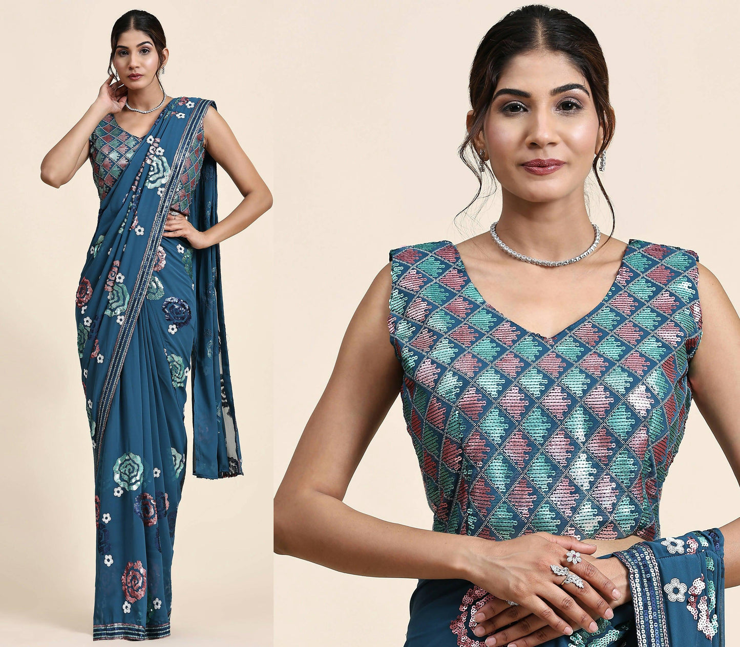 Blue Pure Georgette Sequence work Ready to wear Saree with stitched Blouse - Nirvana - Distacart