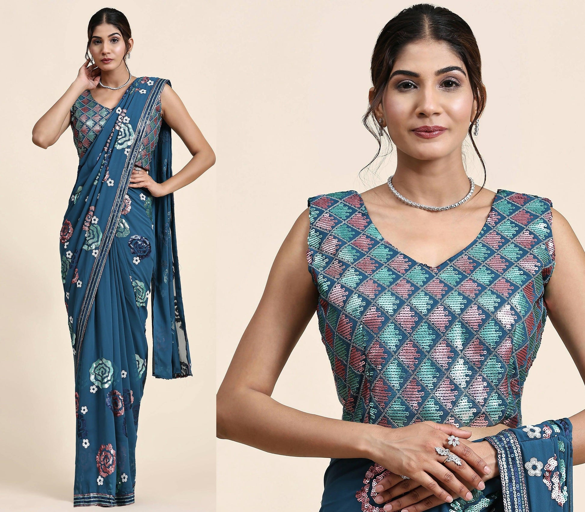Blue Pure Georgette Sequence work Ready to wear Saree with stitched Blouse - Nirvana - Distacart
