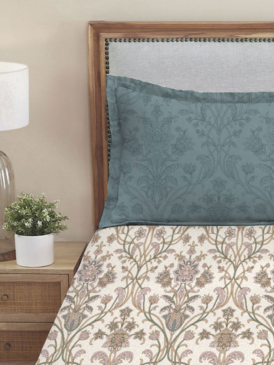 MYTRIDENT Dusk and Dawn Beige Printed Pure Cotton 144 TC Queen Bedsheet 2 Pillow Covers - Distacart