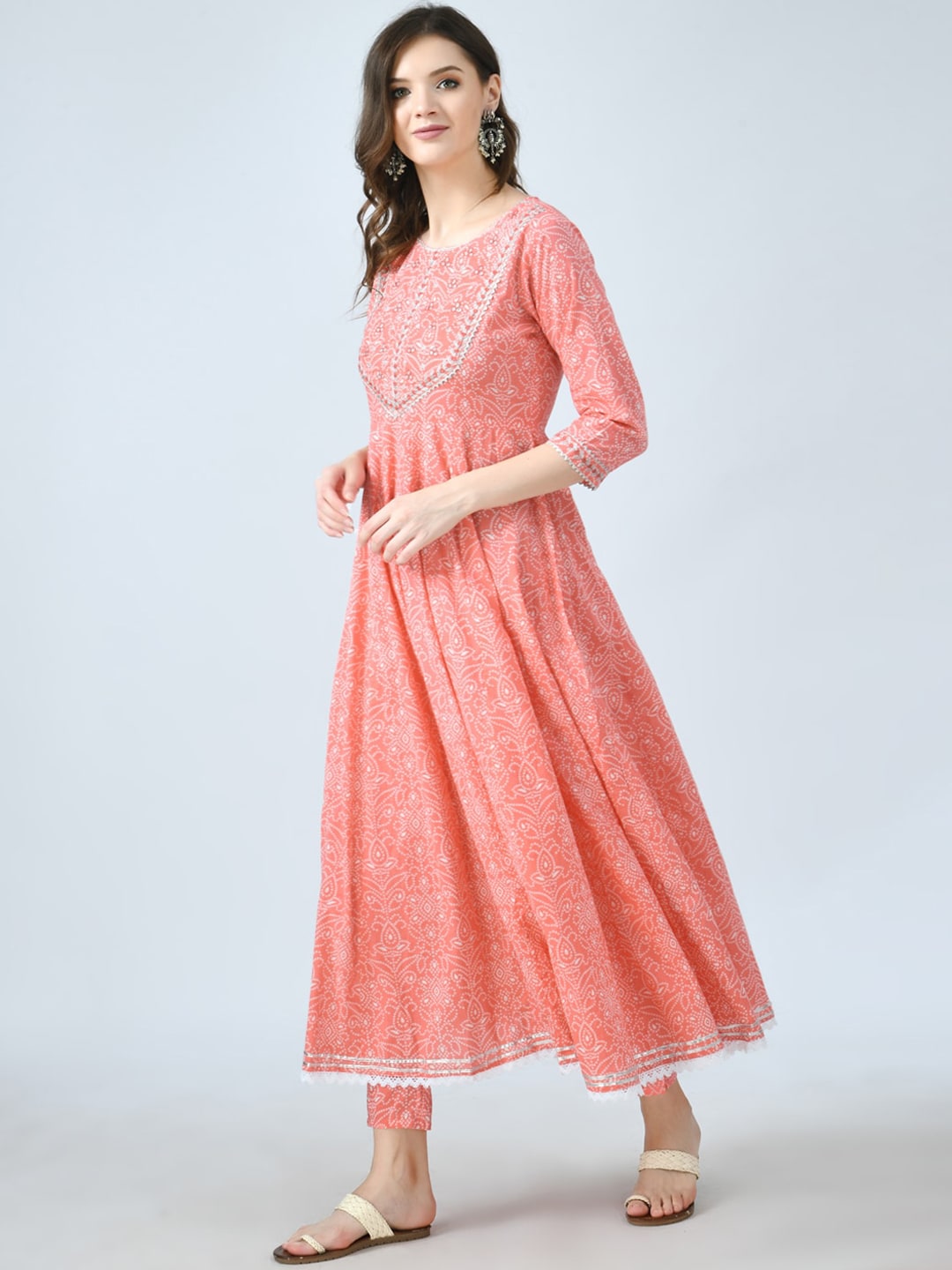 Kalini Women Peach-Coloured Bandhani Printed Empire Gotta Patti Kurta Set - Distacart