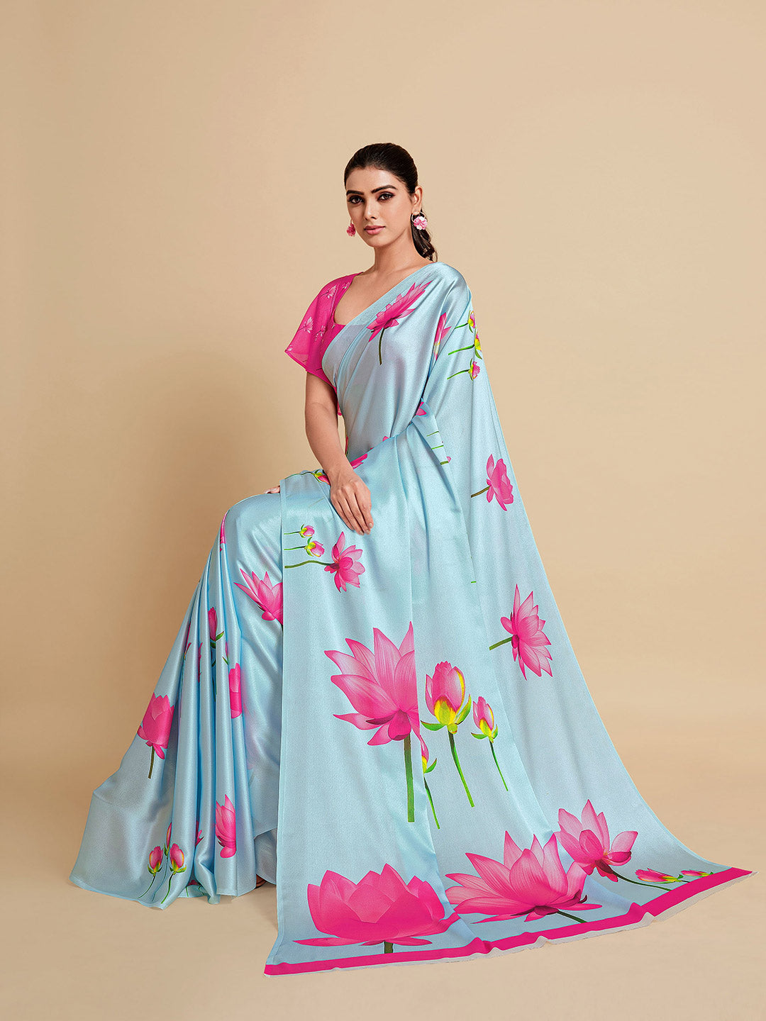 Sangria Turquoise Blue & Magenta Floral Zari Satin Saree - Distacart
