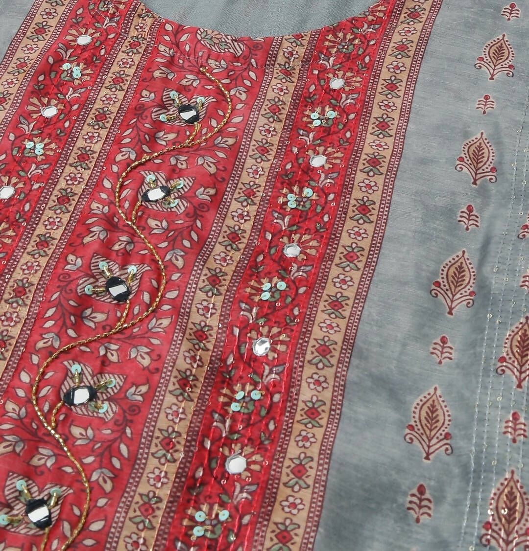 Grey Chinon Digital Printed With Hand Work Kurta - Himanshi - Distacart