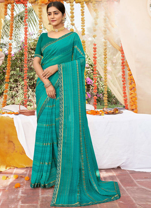 Sea Green Georgette Foil Printed Saree with Unstitched Blouse Piece - Avika - Distacart