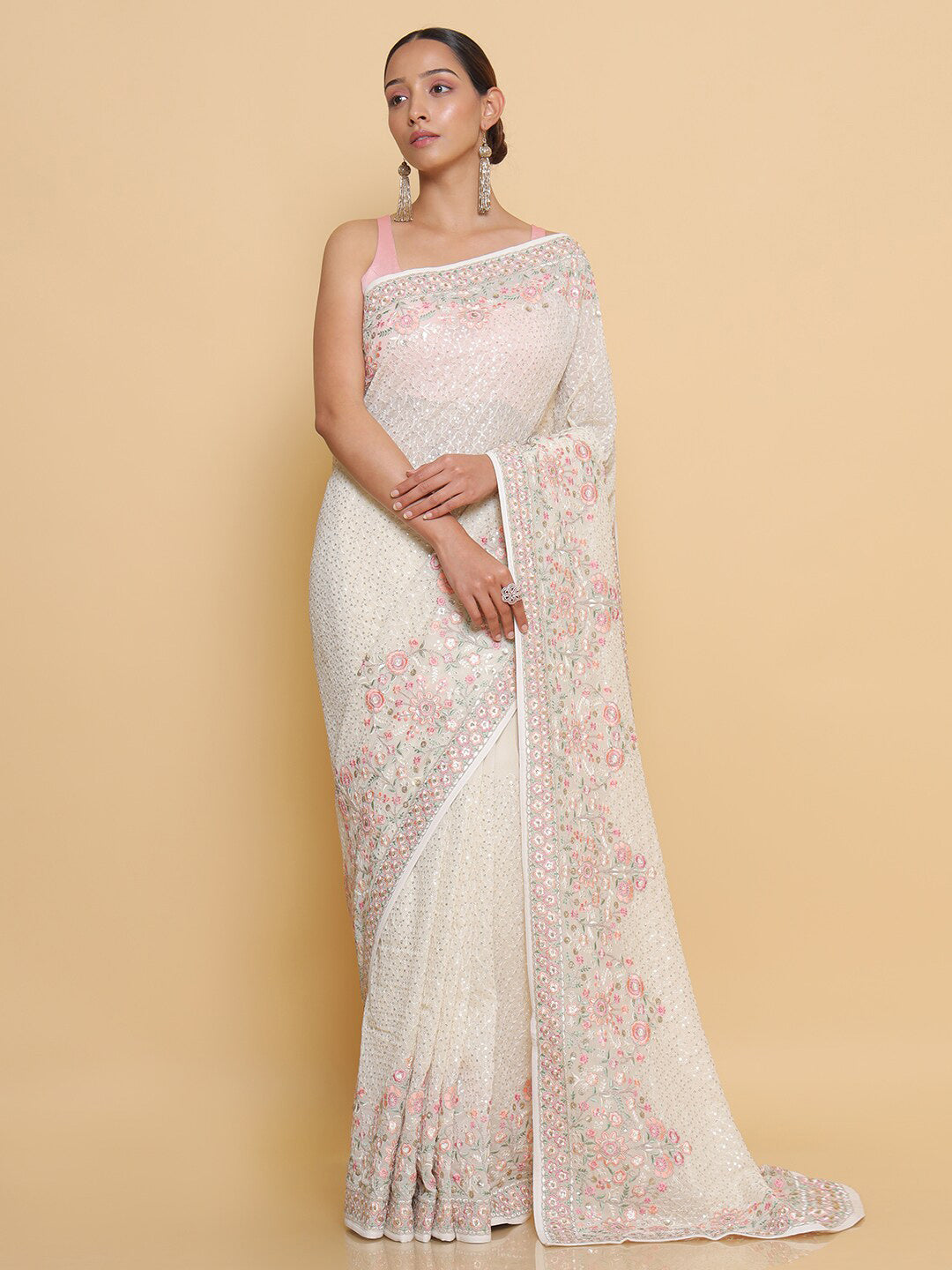 Soch Cream-Coloured & Red Floral Embroidered Pure Georgette Heavy Work Saree - Distacart