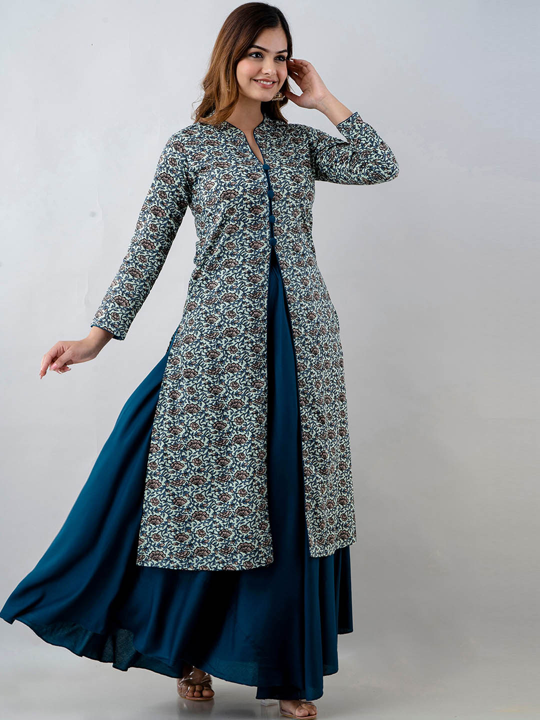 Kalini Women Blue Floral Kurta with Skirt - Distacart