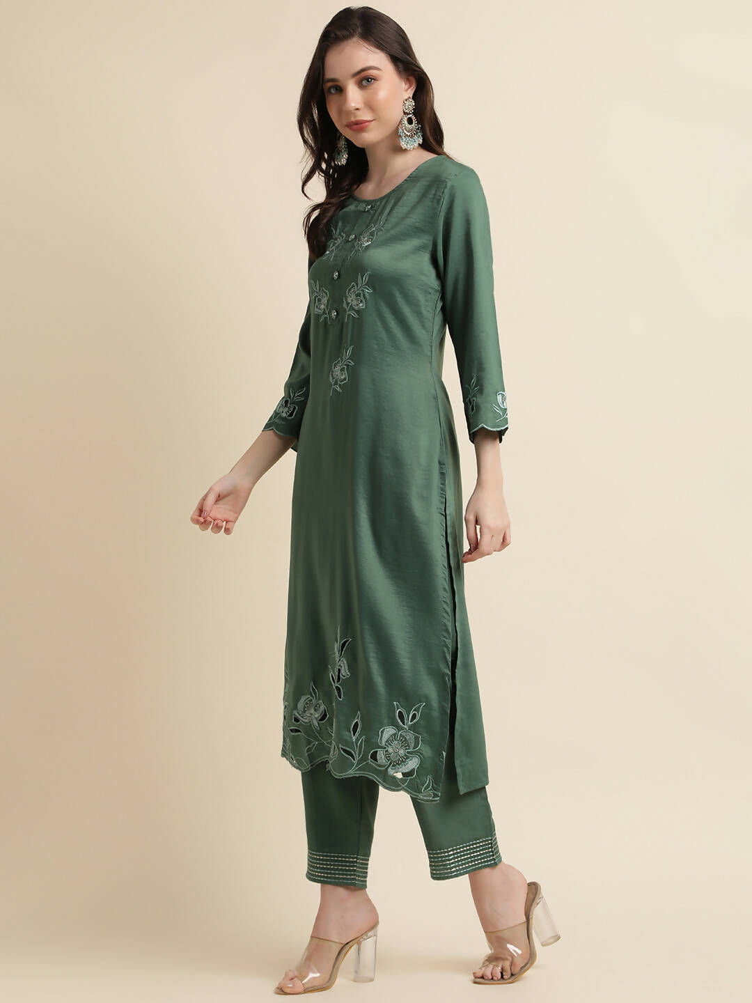 Green Chinon Silk Embroidered Straight Kurta with Trouser & Dupatta - Salimar - Distacart