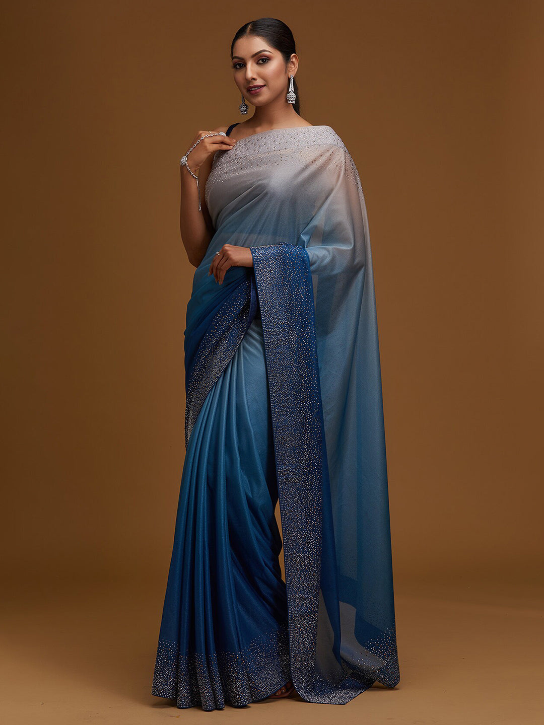 Koskii Blue & Gold-Toned Beads and Stones Tissue Saree - Distacart