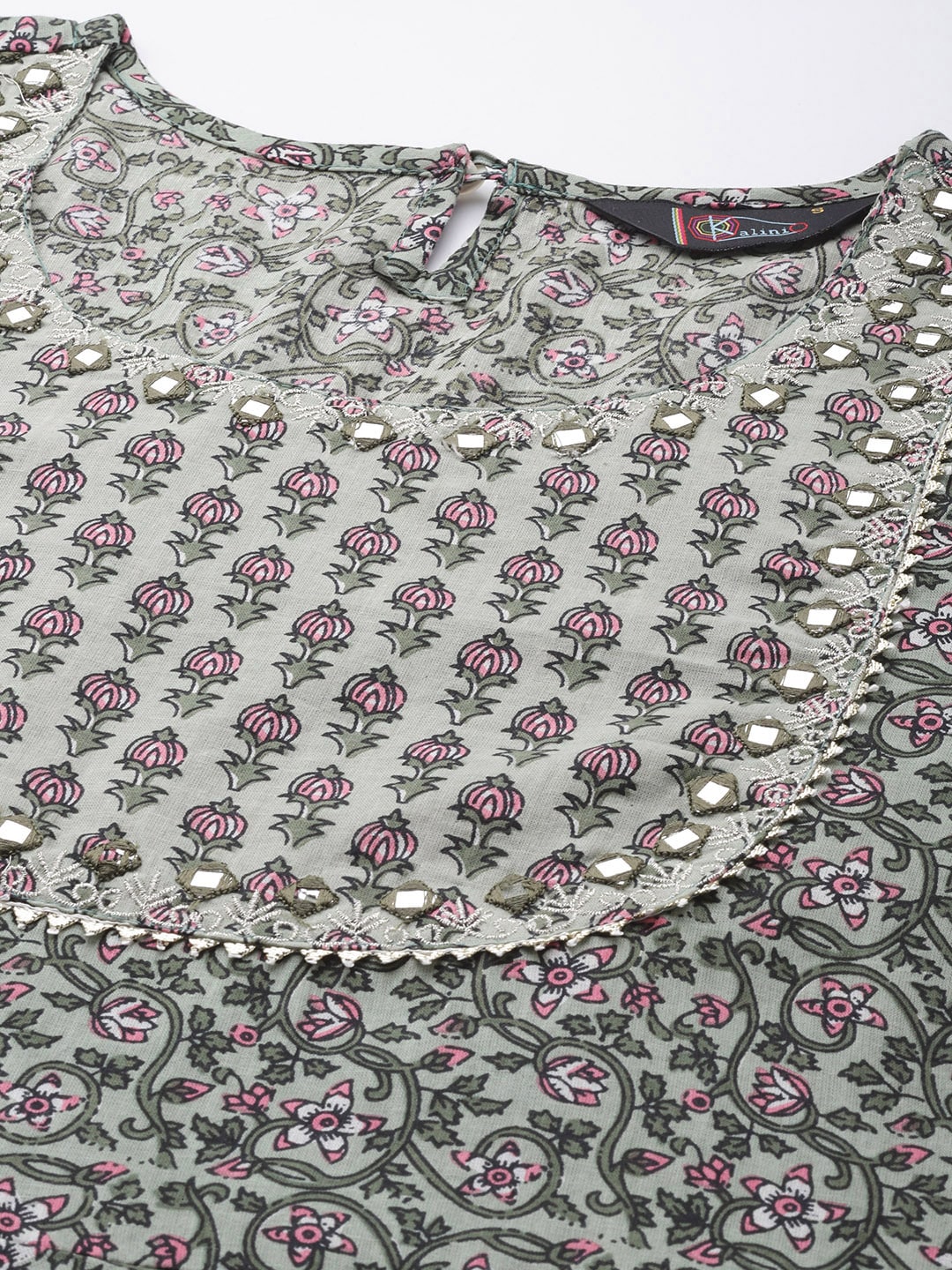 Kalini Women Green Floral Printed Gotta Patti Pure Cotton Kurta With Trousers & Dupatta - Distacart