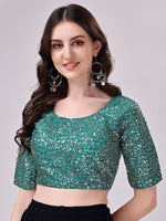 Thumbnail for Tikhi Imli Teal Blue Embellished Sequinned Detailed Saree Blouse - Distacart