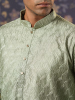 Thumbnail for House of Pataudi Ethnic Motifs Embroidered Mandarin Collar Straight Kurta With Trouser - Distacart