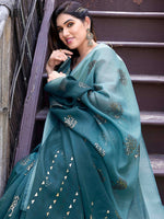 Thumbnail for Kalini Turquoise Blue & Gold Ethnic Motifs Bagh Poly Cotton Saree - Distacart