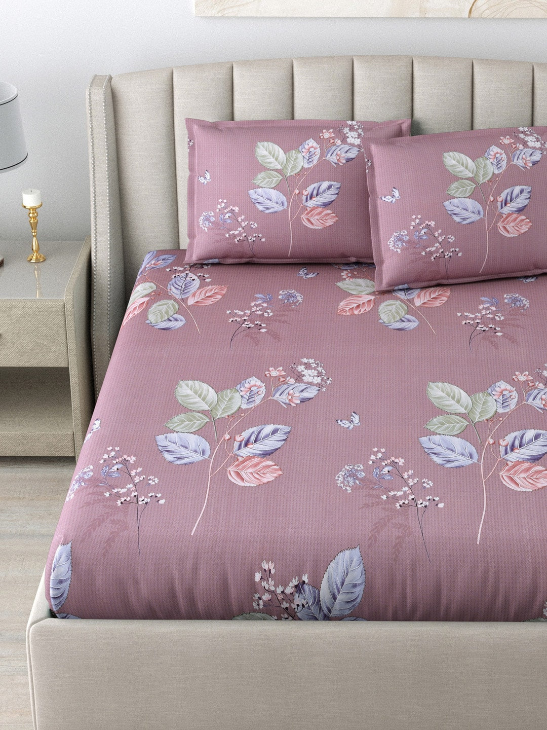 DREAM WEAVERZ 220 TC Pink & Blue Floral Glazed Cotton King Bedsheet with 2 Pillow Covers - Distacart