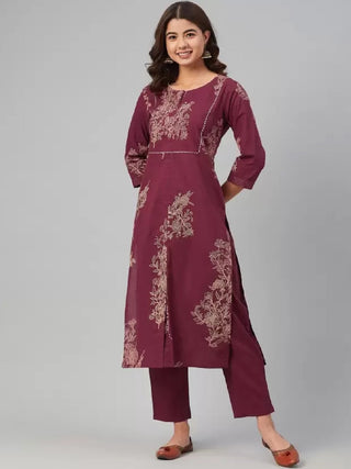 Sangria Women Floral Yoke Design Pure Cotton Kurta with Trousers - Distacart