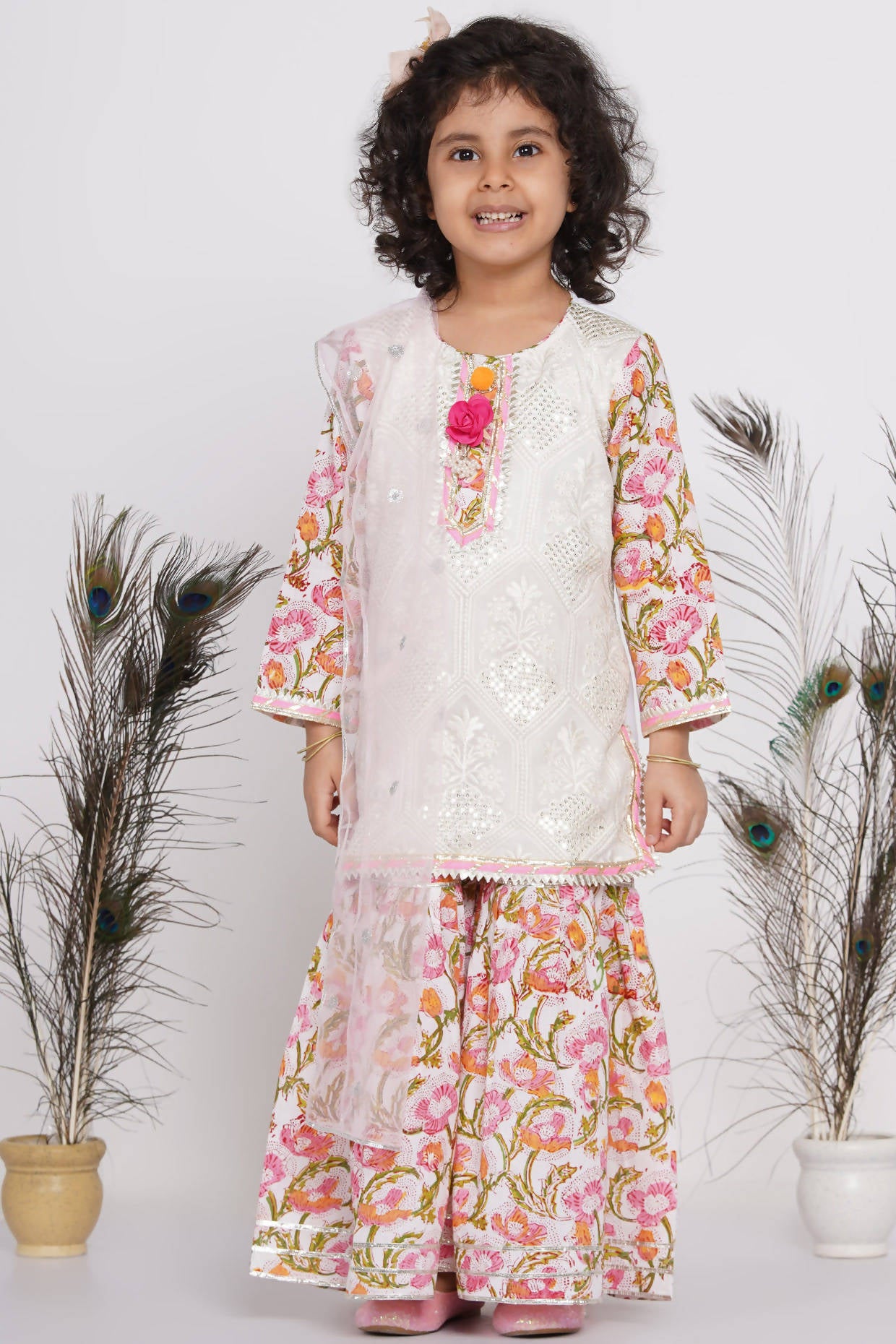 Little Bansi Cotton Floral work Kurta with Floral Sharara & Dupatta - White - Distacart