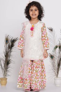 Thumbnail for Little Bansi Cotton Floral work Kurta with Floral Sharara & Dupatta - White - Distacart