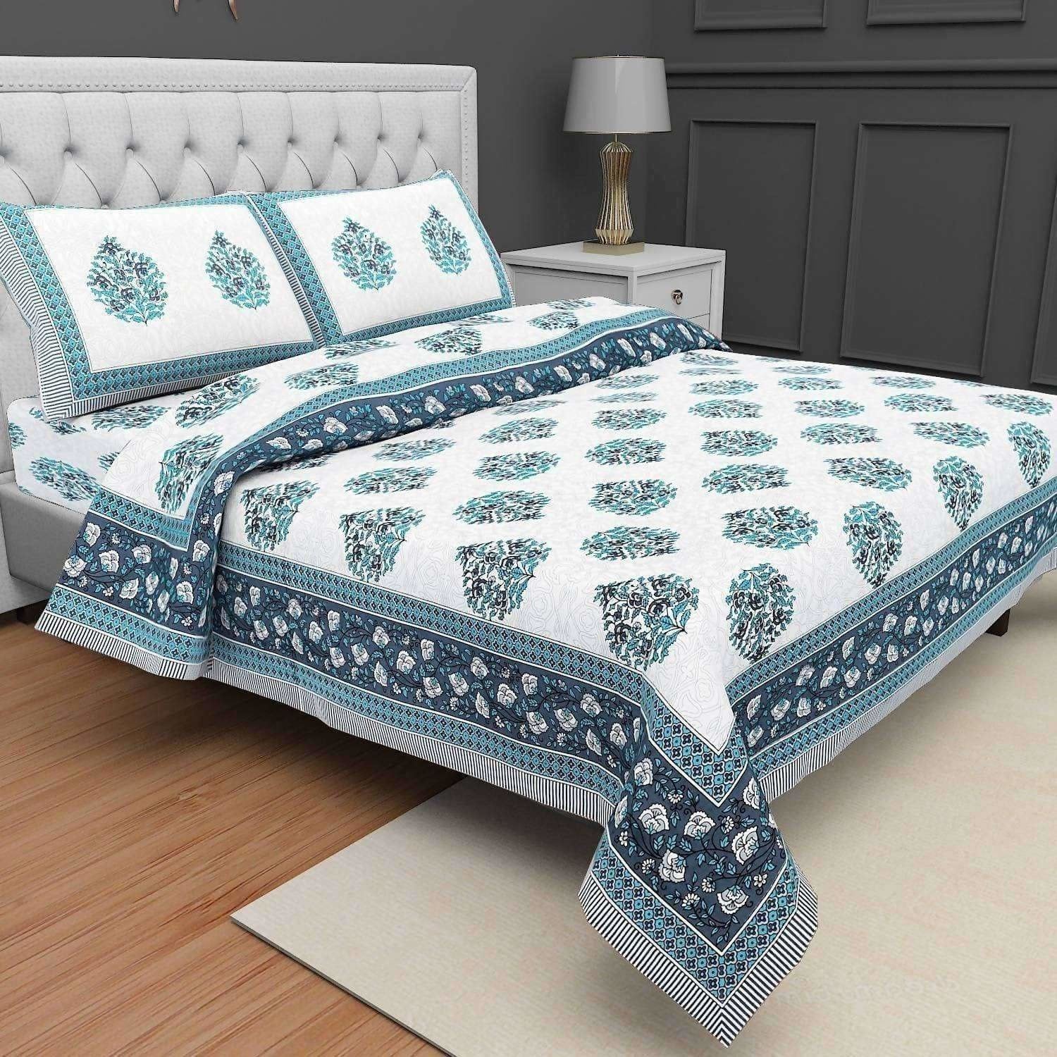 Queen Size 230x270 Cms Jaipuri Hand Block Printed Traditional 144TC Cotton Bedsheet with 2 Pillow Covers - Distacart