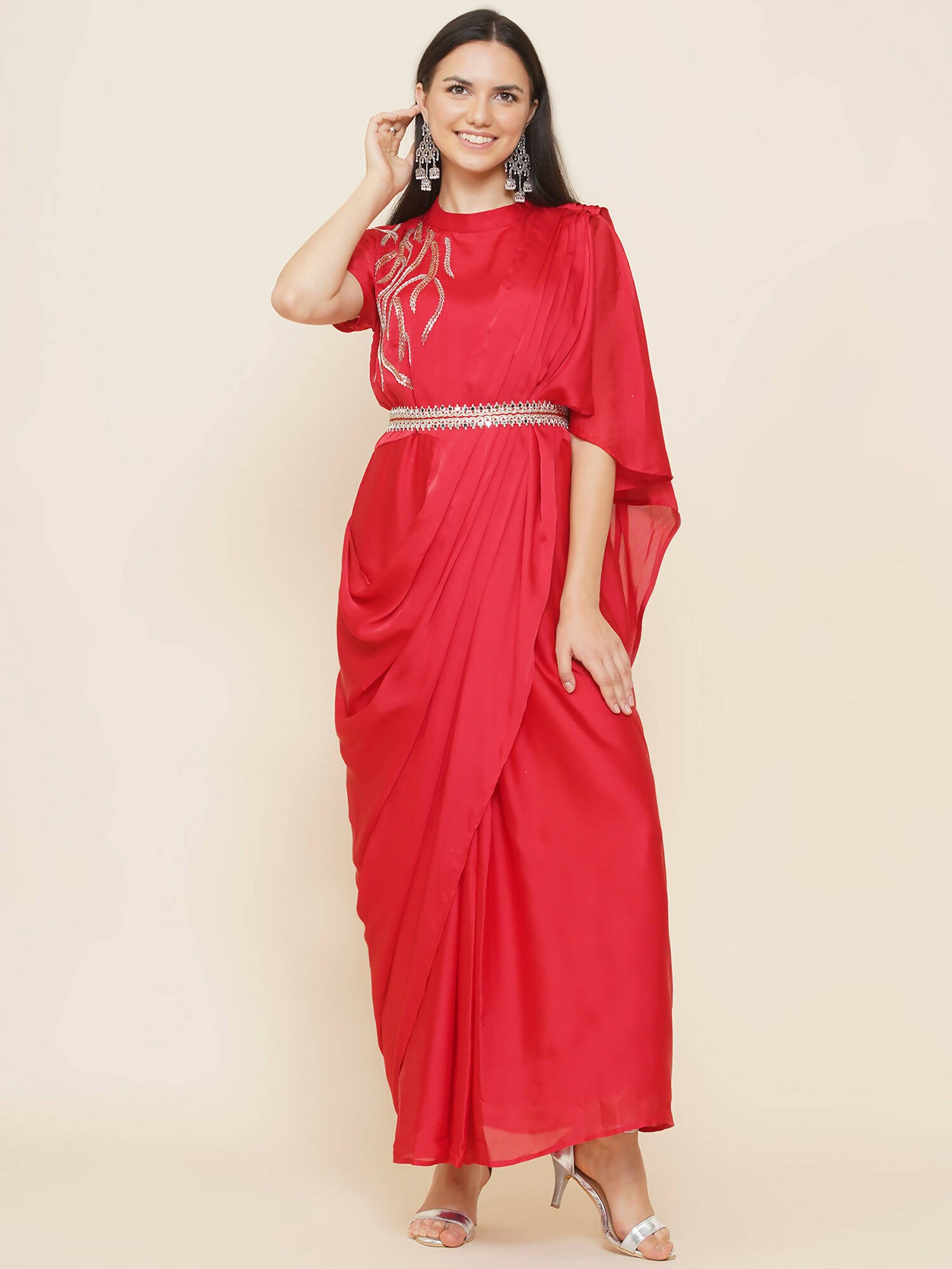 Women Republic Red Hand Embelleshed Gown With Drape - Distacart