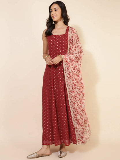 Janasya Women's Red Georgette Foil Printed Festive Anarkali Kurta Set - Distacart