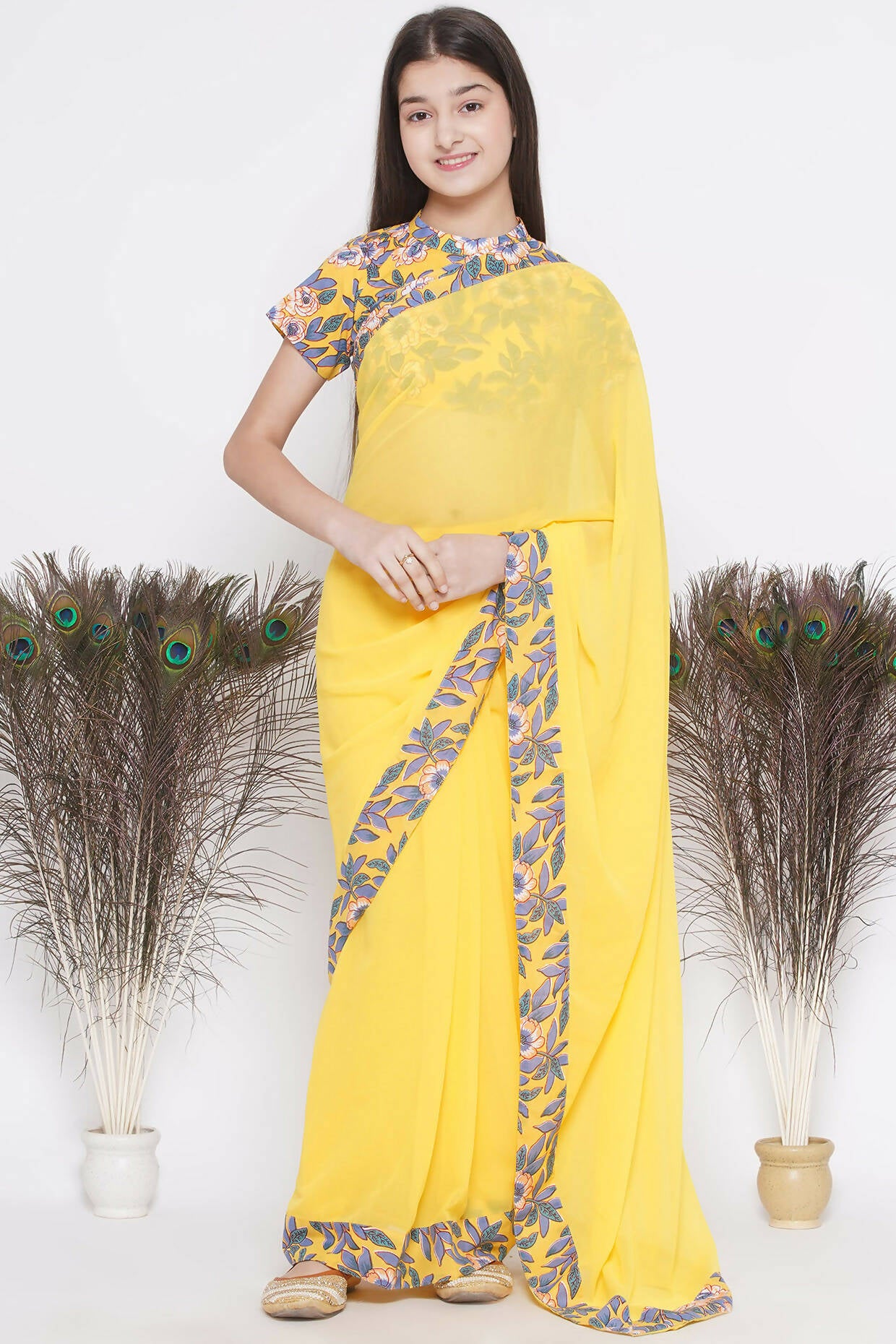 Little Bansi Floral Print Ready To Wear Saree And Floral Blouse - Yellow - Distacart