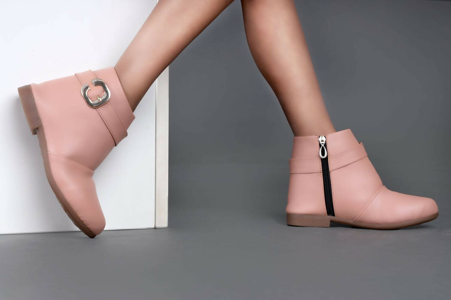 Tiny Bugs Girls Buckle Embellished Anckle Lenght Boots -Peach - Distacart