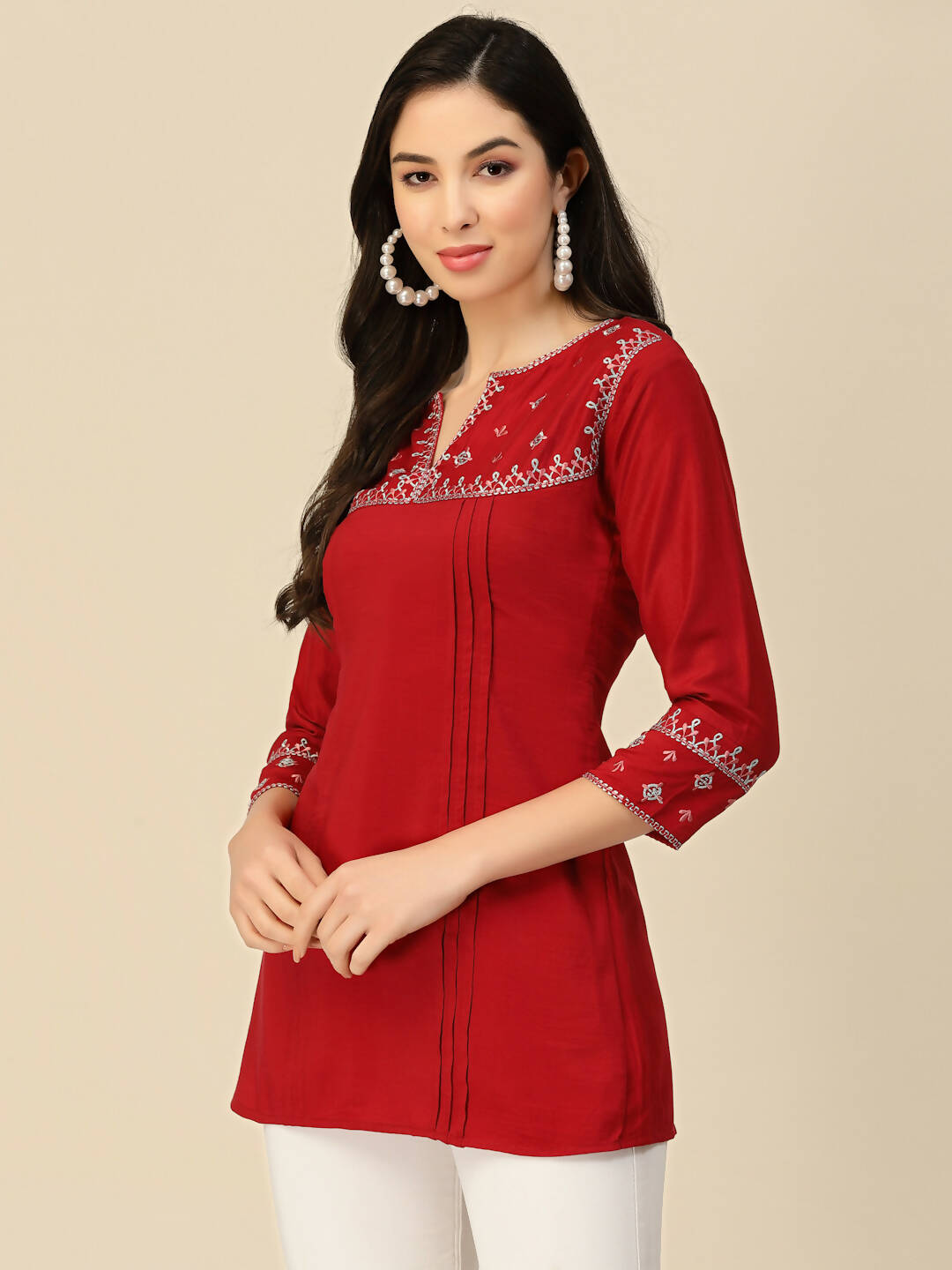 Red Chinon Floral Embroidered Top - Zeny - Distacart