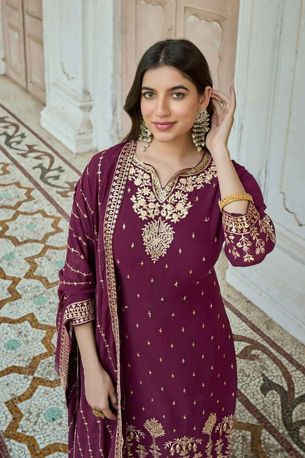 Wine Heavy Fox Georgette Embroidered Semi Stitched Suit - Dhvani - Distacart