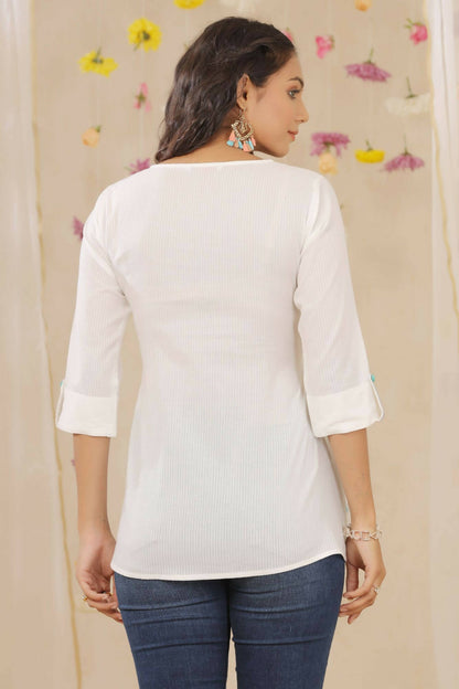 Juniper Women White Cotton Dobby Embroidered A-Line Tunic - Distacart