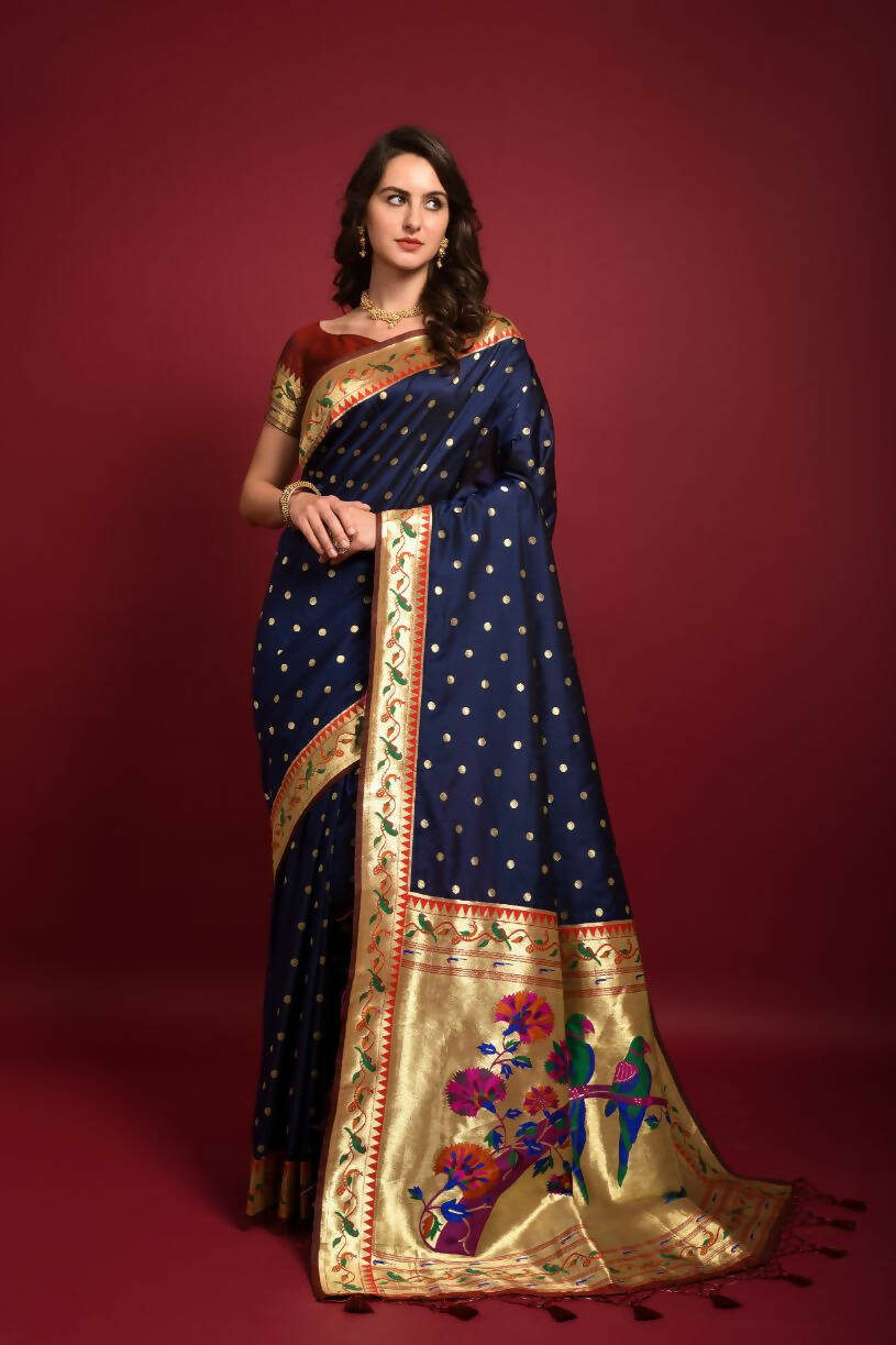 Vishnu Weaves Women's Navy Blue Paithani Silk Zari Woven Saree with Unstitched Blouse - Distacart