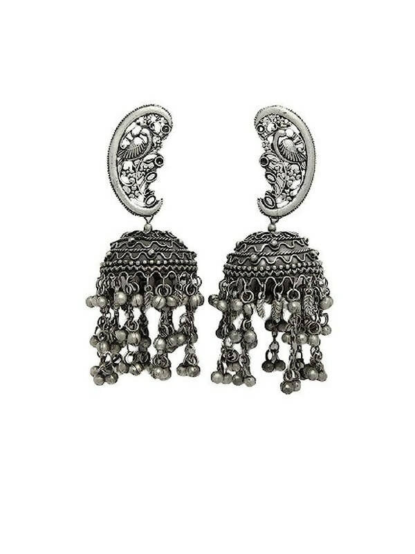 Peacock Shaped Tribal Design Oxidised Silver Plated Chandelier Jhumkas (VMC-PCK1) By House of Ree - Distacart