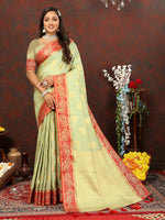 Thumbnail for Lorenvalley Fashion Seagreen Cotton Woven Design with Zari Weaving Design Saree - Distacart