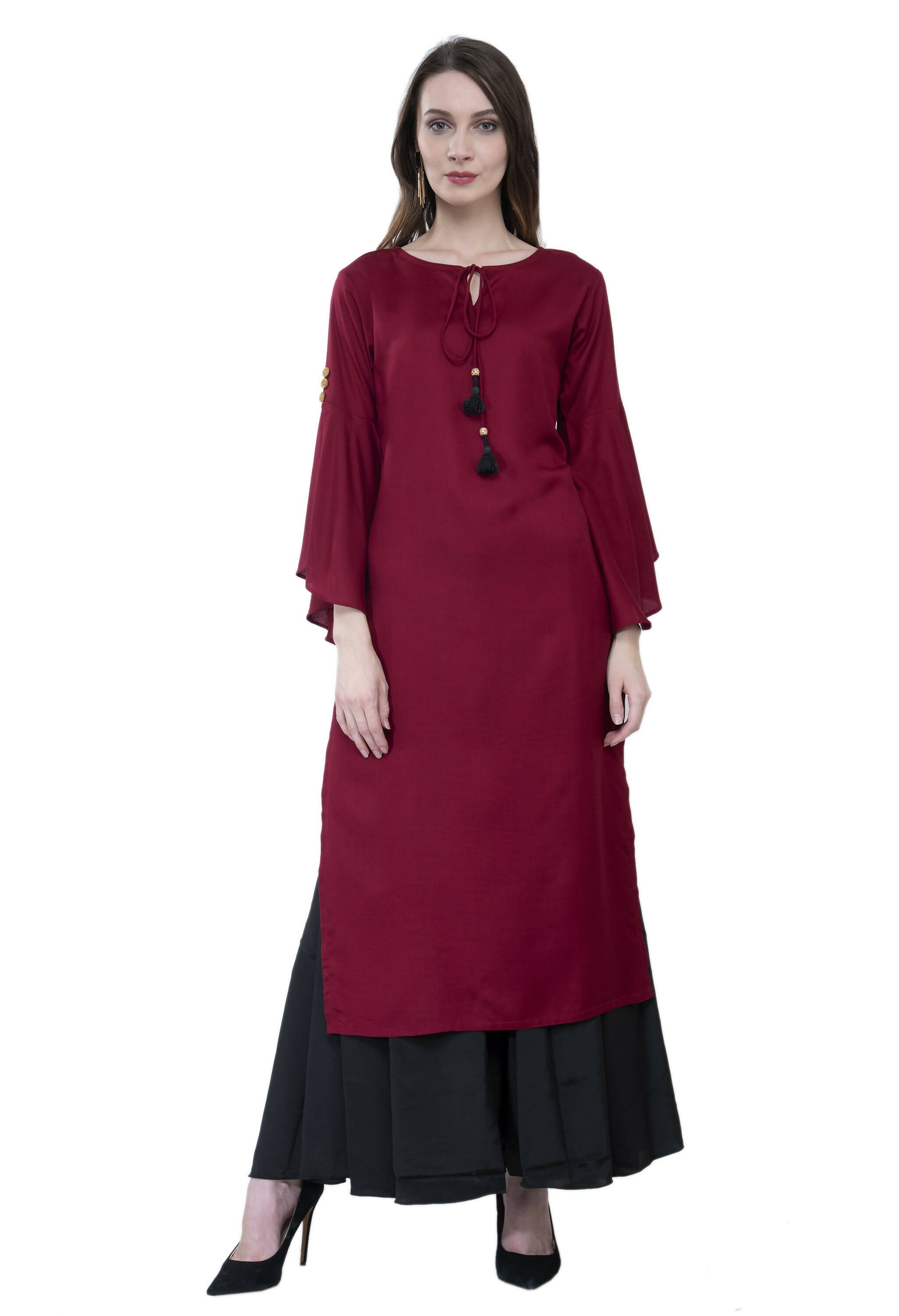 Women's Maroon Round Neck Kurti With Front Neck Opening And Dori - G & A Apparels - Distacart