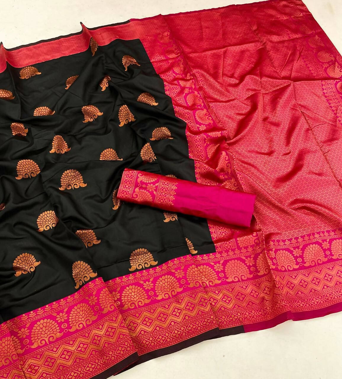 DEIANA'S Beautiful Golden Jari with New Design Soft Lichi Silk Saree - Black - Distacart