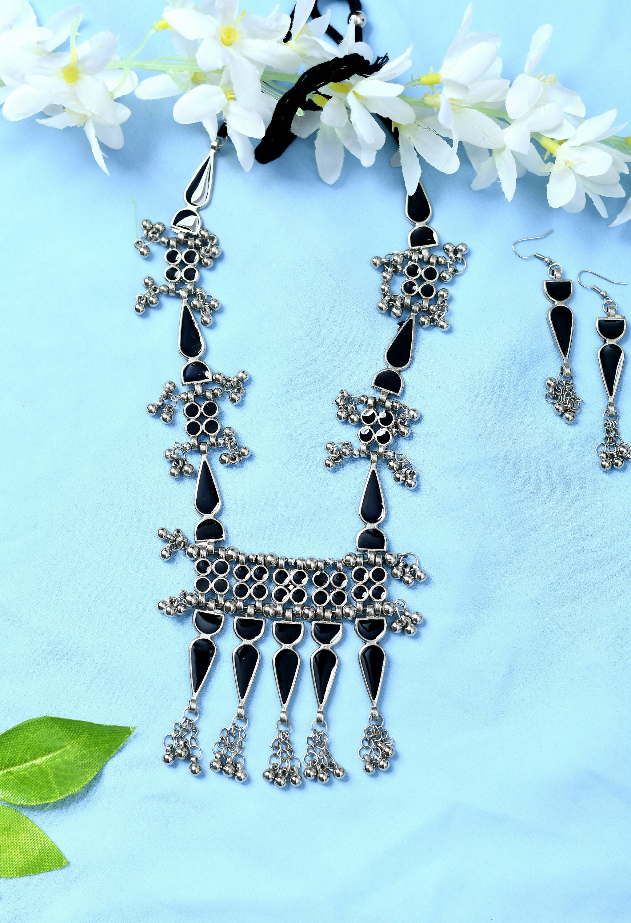 Mominos Fashion Johar Kamal Oxidised Silver-Plated Meenakari Long Necklace Set - Distacart