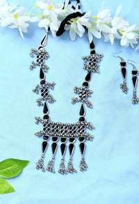Thumbnail for Mominos Fashion Johar Kamal Oxidised Silver-Plated Meenakari Long Necklace Set - Distacart