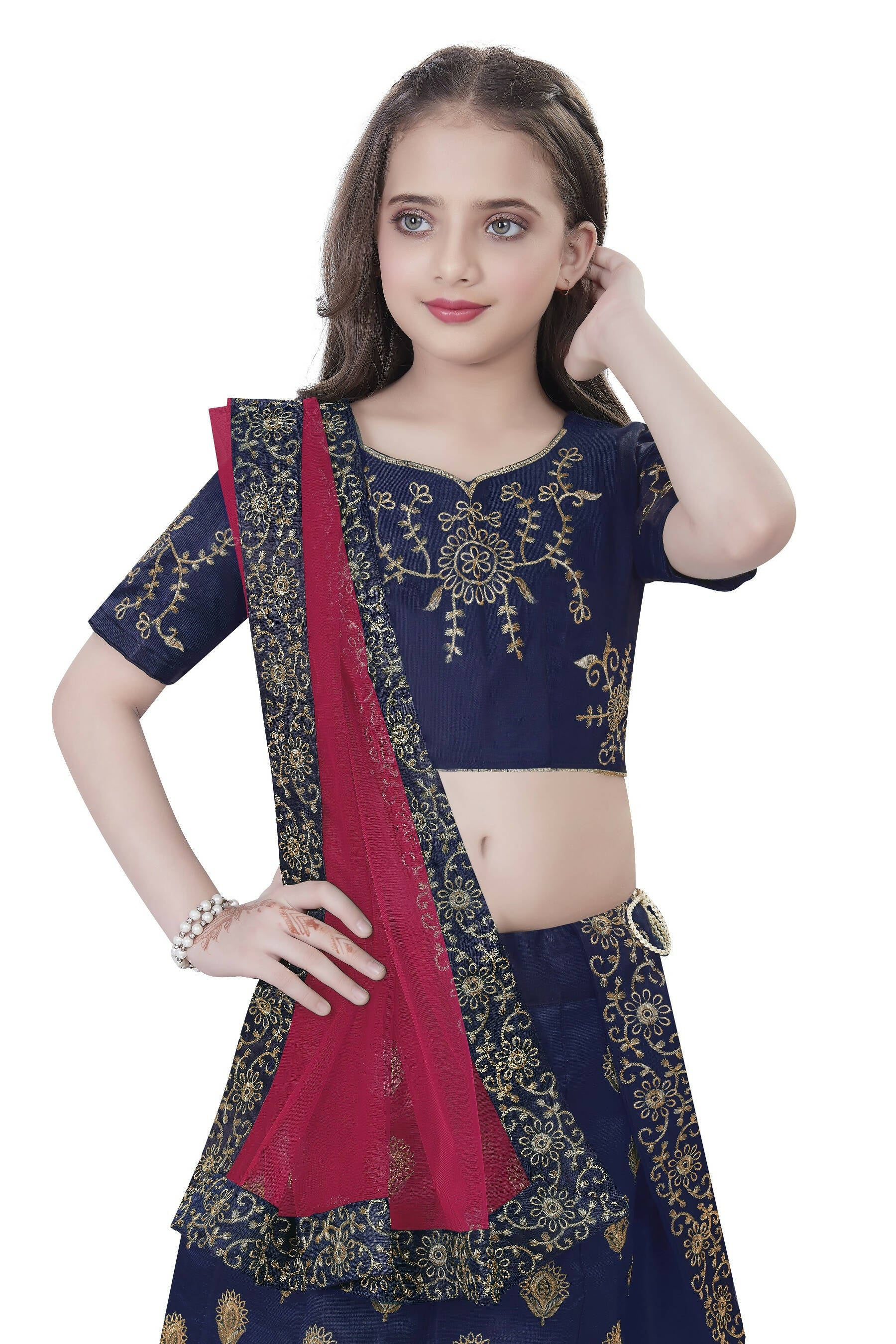 Dwiden Navy Blue Gulab Tafetta Sattin Semi-Stitched Girl's Lehenga Choli - Distacart