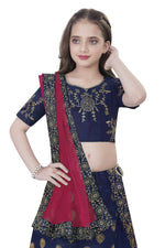 Thumbnail for Dwiden Navy Blue Gulab Tafetta Sattin Semi-Stitched Girl's Lehenga Choli - Distacart