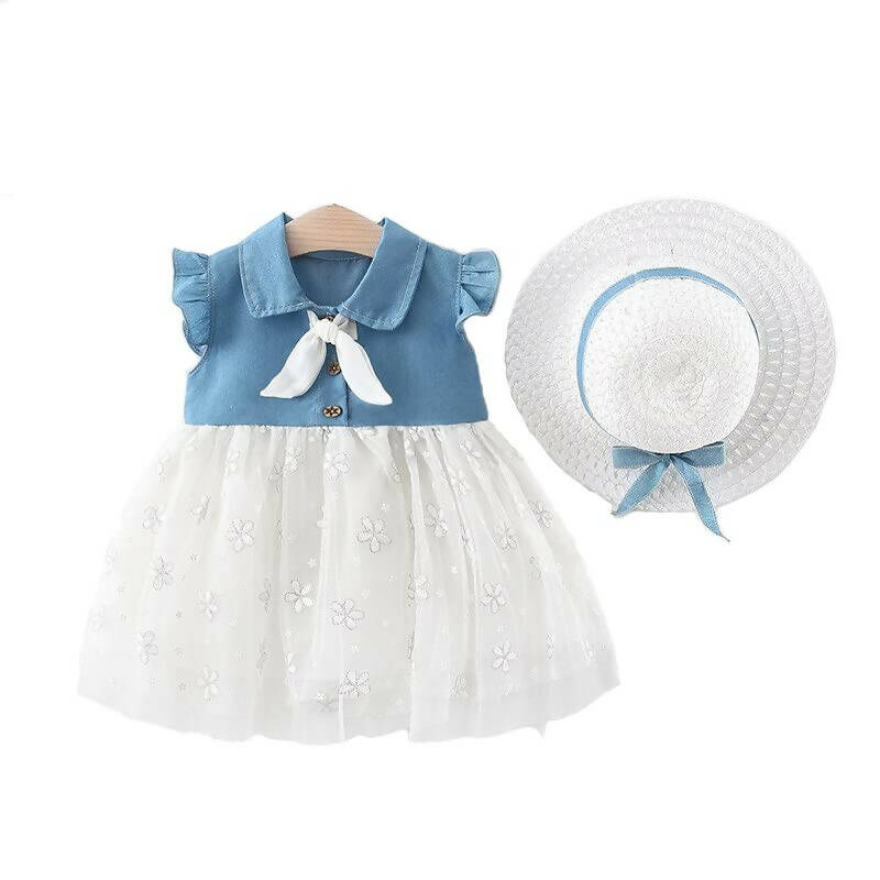 Bold N Elegant Cap Sleeve Denim Embroidered Midi Party Dress Frock with Hat Dress - Floral White - Distacart