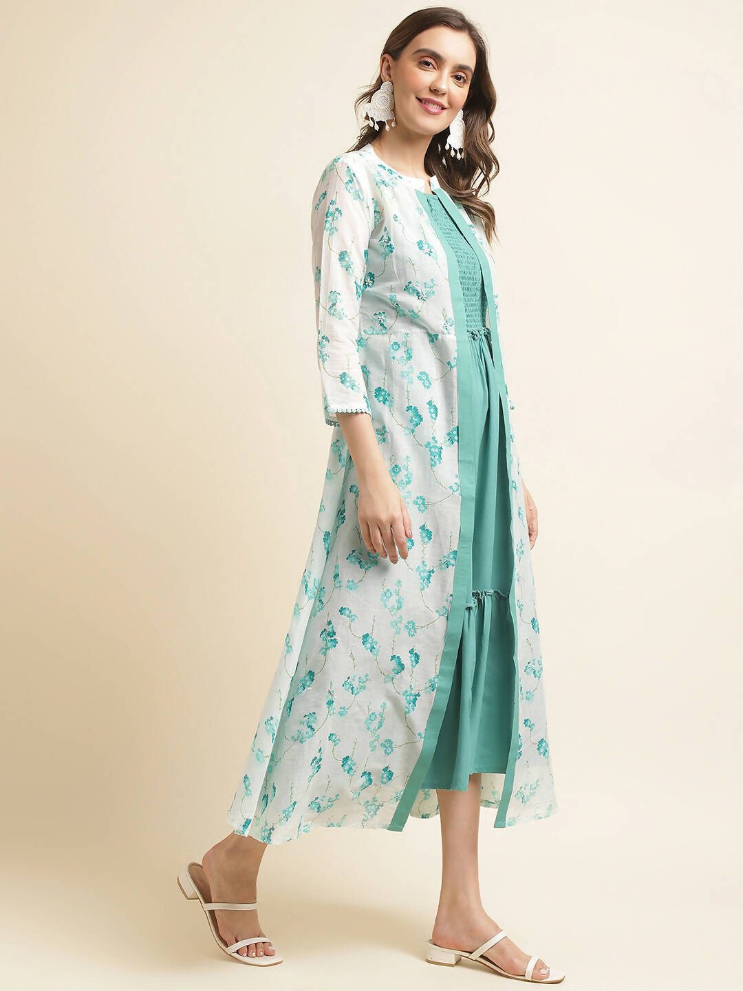 Light Blue Cotton Solid Flared Dress with Printed Shrug - Yukti - Distacart