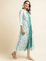 Thumbnail for Light Blue Cotton Solid Flared Dress with Printed Shrug - Yukti - Distacart