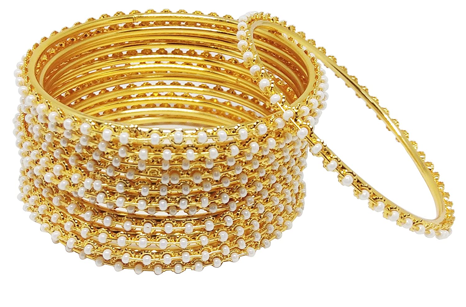 Gold-Plated Alloy Set Of 12 Thin White Bead Bangles - The Pari - Distacart