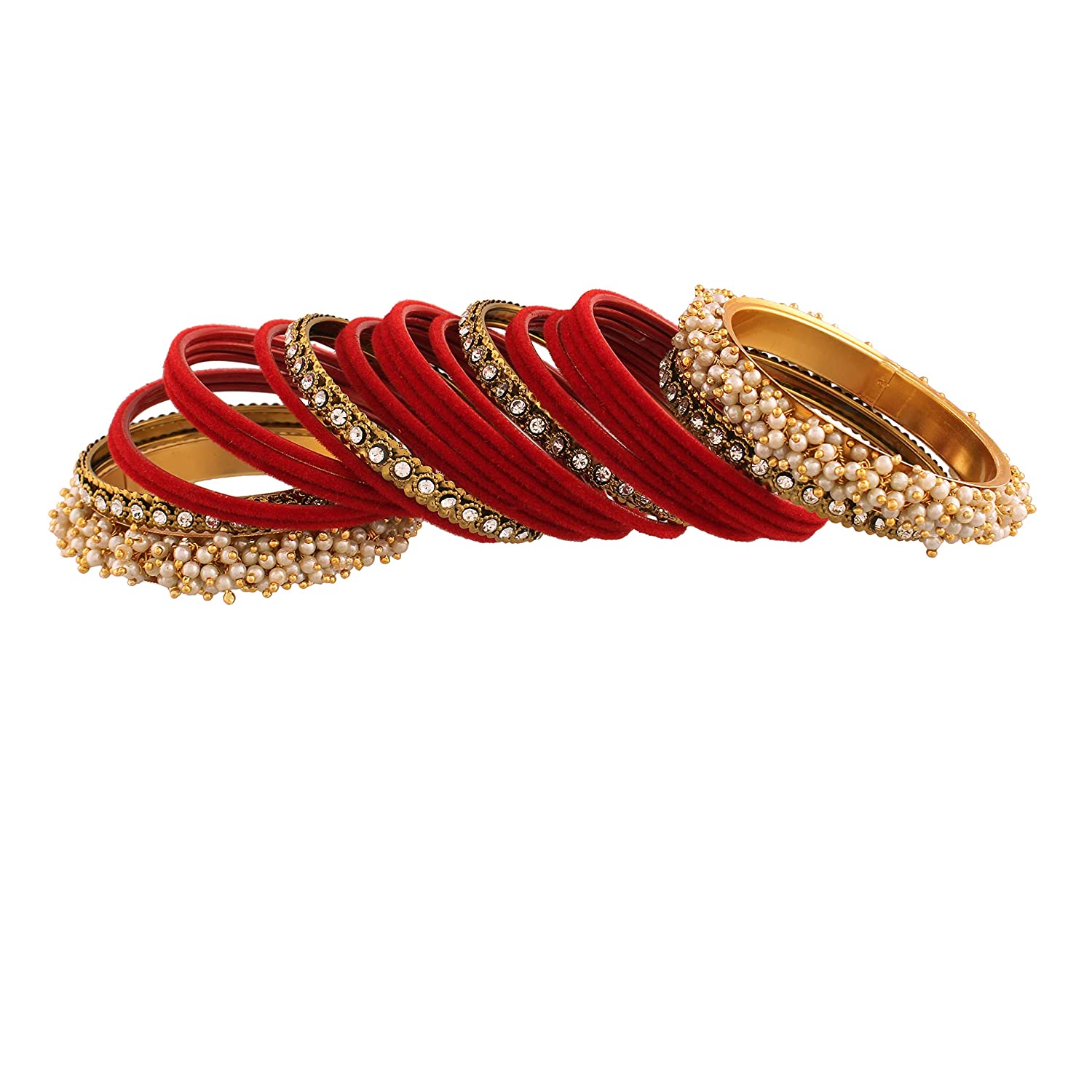 Gold-Plated Alloy Red Velvet Bangle Set With Pearl Bangle - The Pari - Distacart