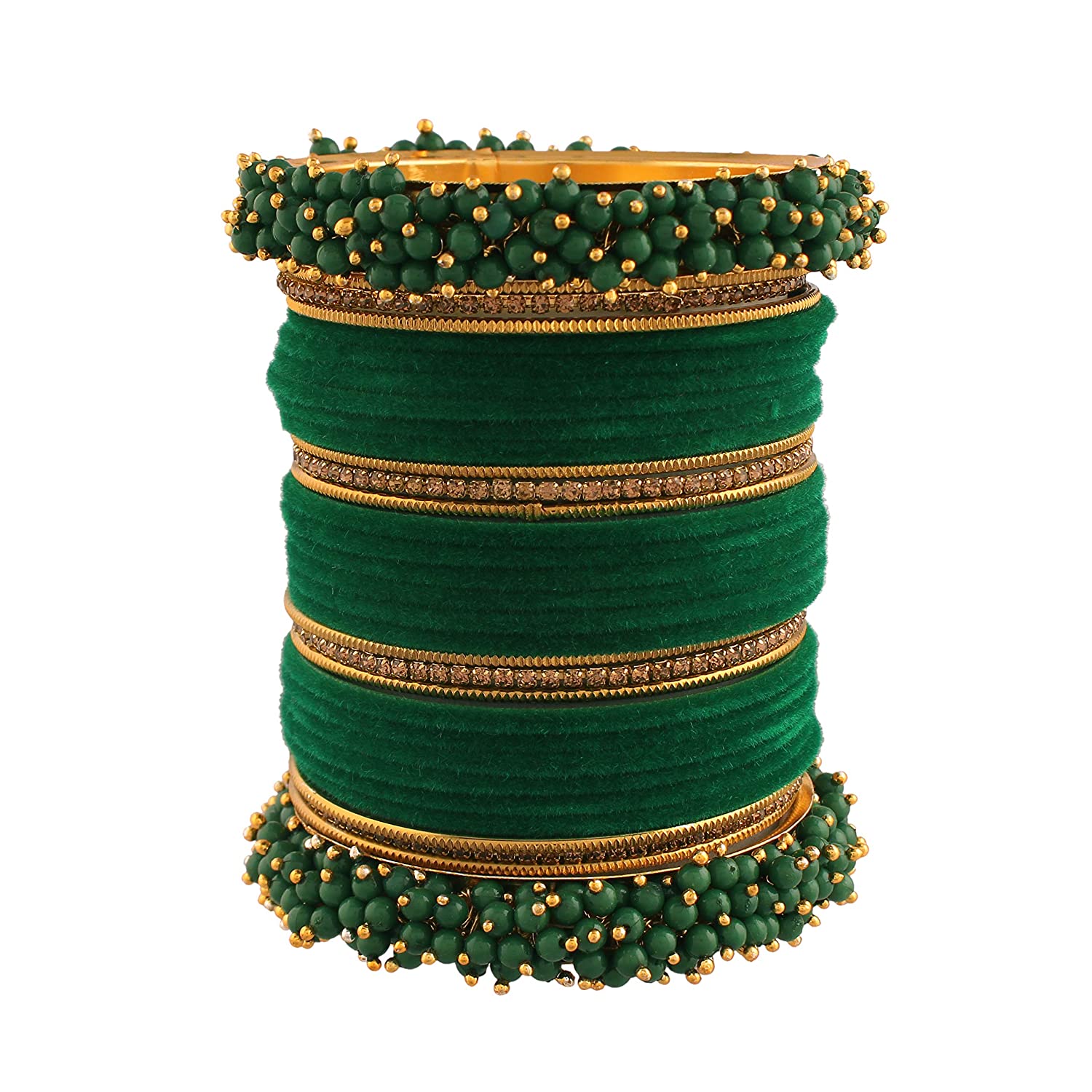 Gold-Plated Alloy Designer Green Velvet Bangle Set - The Pari - Distacart