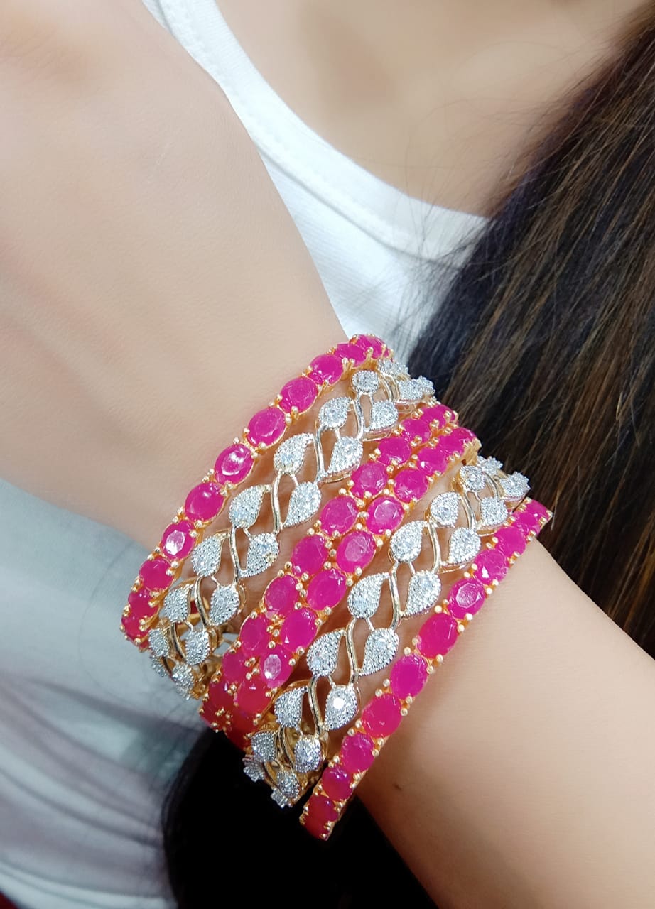Gold-Plated Alloy American Diamond Combo Of Ruby & Silver Bangles - The Pari - Distacart