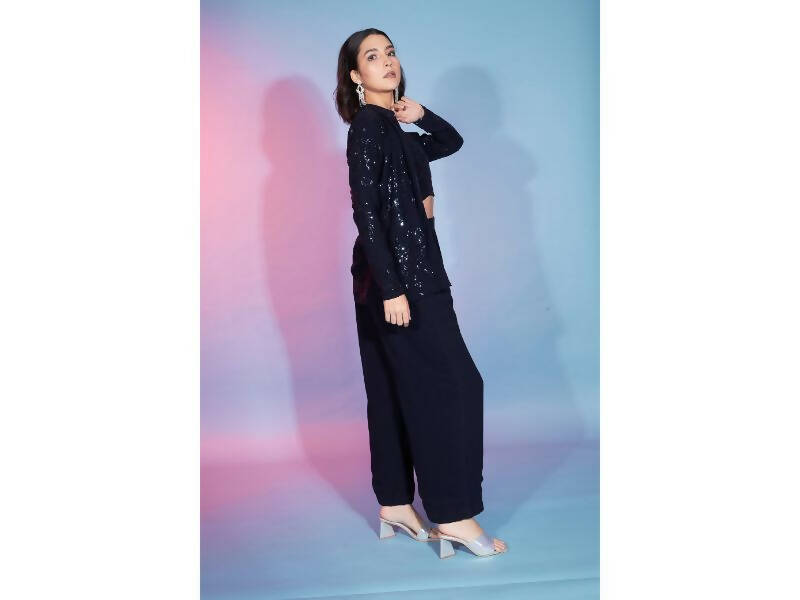 Navy Georgette Sequence With Thread Designer Co-Ord Set - Flory - Distacart