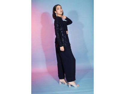 Navy Georgette Sequence With Thread Designer Co-Ord Set - Flory - Distacart